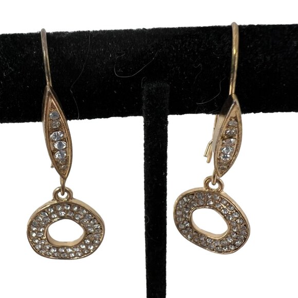 Gold Tone Earrings Rhinestone‎ Dangle Pierced Elegant Evening Wire - Picture 1 of 5